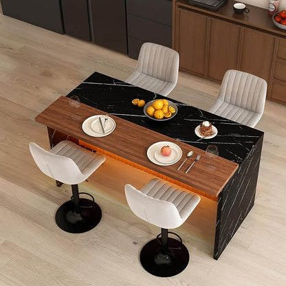 63" Modern Kitchen Island Set with 4 Gray Stools Black Marble Look, LED Lighting & Grill Design for Dining Room, Open Concept Spaces, Lounge Elegance