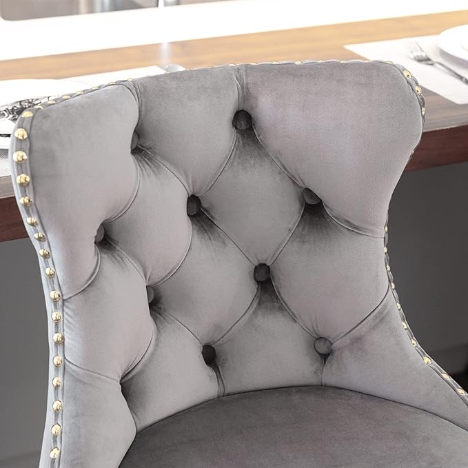 Rhomtree Velvet Swivel Bar Stools Upholstered Bar Stool with Button Tufted Back and Pull Ring Height Adjustable Barstools 25-33 Inch for Home Pub and Kitchen Island (Gray with Gold Base, Set of 8)
