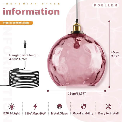 13.8-inch Globe Hanging Lamp with Plug in Cord, Pink Glass Pendant Light Vintage Plug in, Large Hammered Glass Hanging Swag Lamps for Kitchen Dining Room Girls Bedroom Living Room