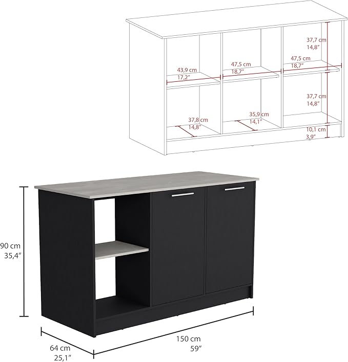 GOWE Juniper Kitchen Island with Large Top Surface, Double Door Cabinet, and Open Shelves Black/Ibiza Marble