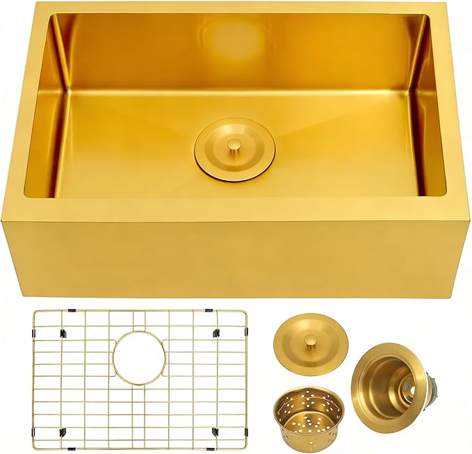 MILOSEN Gold RV Kitchen Sink, Stainless Steel Farmhouse Apronfront Kitchen Sinks, 23×16 inch Undermount RV Sink, Small Single bowl Laundry Apron Sink, 7 inch Depth Outdoor Camper Sinks