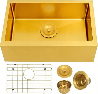 MILOSEN Gold RV Kitchen Sink, Stainless Steel Farmhouse Apronfront Kitchen Sinks, 23×16 inch Undermount RV Sink, Small Single bowl Laundry Apron Sink, 7 inch Depth Outdoor Camper Sinks