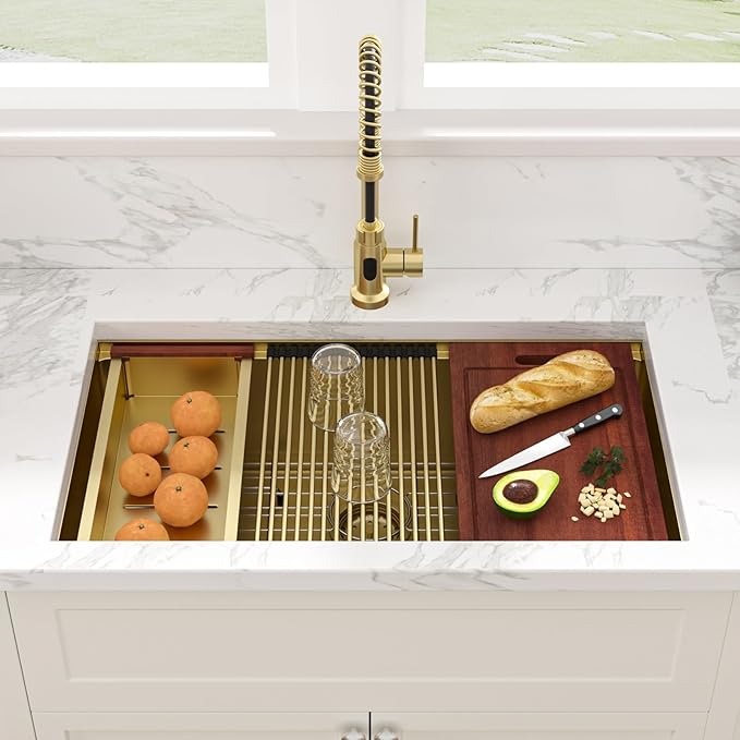 Sarlai 32 Gold Undermount Kitchen Sink - 32" x19" Kitchen Sink Ledge Workstation 16 Gauge Gold Stainless Steel Deep Single Bowl Under Counter Rectangular Sinks Basin