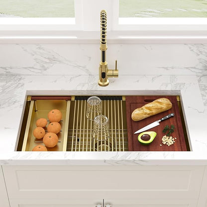 Sarlai 32 Gold Undermount Kitchen Sink - 32" x19" Kitchen Sink Ledge Workstation 16 Gauge Gold Stainless Steel Deep Single Bowl Under Counter Rectangular Sinks Basin