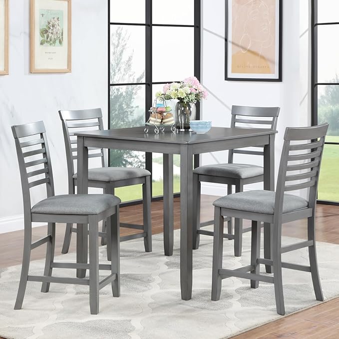 5-Piece Counter Height Dining Table Set for 4, Solid Wood Square Kitchen Table with 4 Upholstered Ladder-Back Chairs, Modern Gray Dining Set for Kitchen and Dining Room