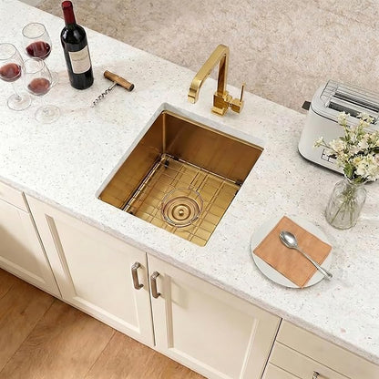 Gold Bar Sink Undermount, 16 Gauge SUS304 Stainless Steel All In One Workstation Sinks with Ledge & Accessories, 15" x 15" x 10" Small Kitchen Sink Prep Sink for Wet Bar, Outdoor,RV