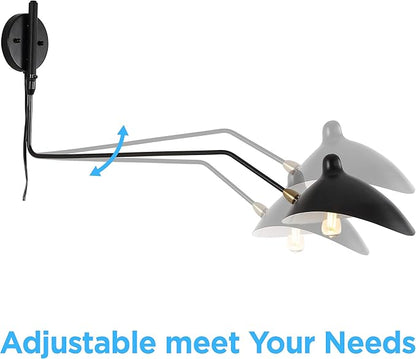 JONATHAN Y 8.5" Black/Brass Gold Retro Swing Arm LED Wall Sconce, Mid-Century Modern Iron Plug-in Light for Bedroom, Living Room, Adjustable Metal Bowl Shade (JYL9067B)