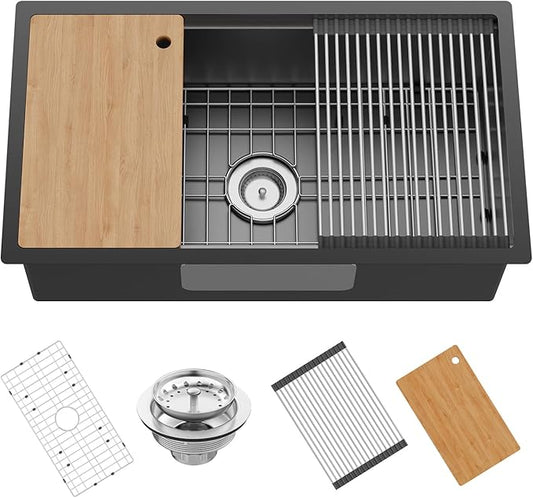 Black Kitchen Sink Workstation,32"x18" Stainless Steel Undermount Single Bowl Sink Built-in Ledge Drop In Workstation Sink Design For Placing/Sliding Accessories-Cutting Board,Drying Rack