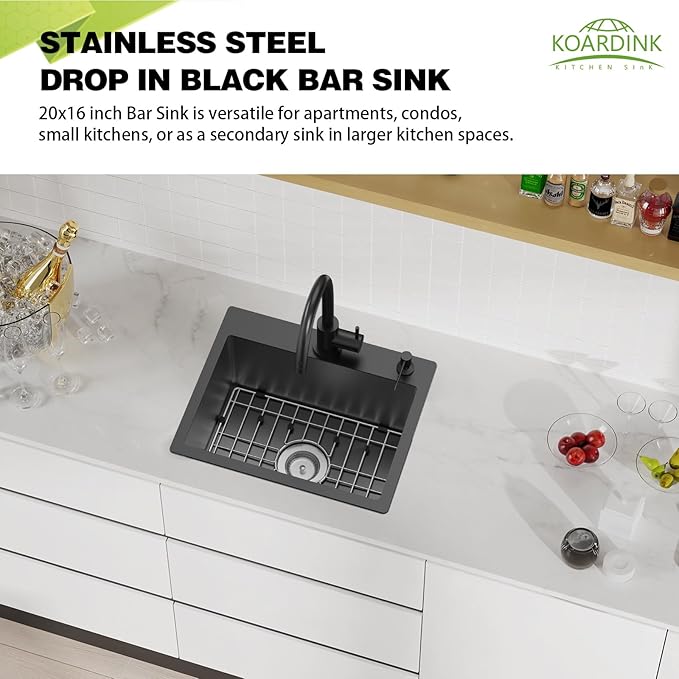 Black Kitchen And Bar Sink, 20x16 Inch Stainless Steel Drop In Kitchen Sink Modern Single Bowl Topmount Bar Sink Combo-SS Grid,Silicon Mat,Drain Strainer Set Compatibility With Various Kitchen & Bar