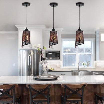 Industrial Black Pendant Light Fixture Vintage Mini Black Pendant Lighting with Gold Finish Rustic Hollow-Carved Small Pendant Light for Kitchen Island, Dining Room, Bedroom, 3 Pack