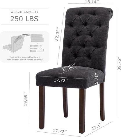 Tufted Dining Chairs Set of 2, Upholstered Parsons Dining Room Chairs, Fabric Kitchen Side Chair with Wood Legs, Black