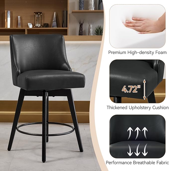 Vipbear Counter Height Bar Stools Set of 4, 26" H Swivel Bar Stools with Backs, PU Leather Upholstered Bar Chairs with Solid Wood Legs for Kitchen Island, Dining Room, Home Bar, Black
