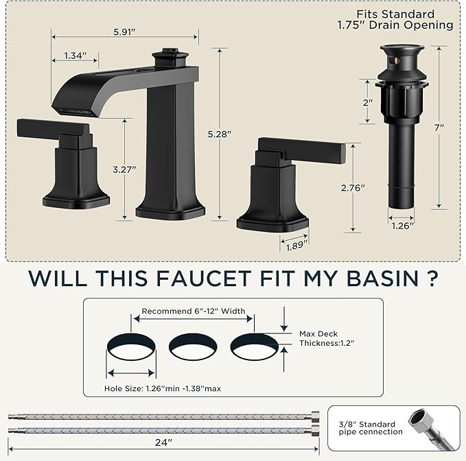 FORIOUS 3 Hole Bathroom Vanity Sink Faucet,Matte Black Waterfall Widespread Bathroom Faucets 2-Handle with Metal Pop-Up Drain, Modern Design