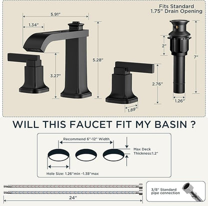 FORIOUS 3 Hole Bathroom Vanity Sink Faucet,Matte Black Waterfall Widespread Bathroom Faucets 2-Handle with Metal Pop-Up Drain, Modern Design