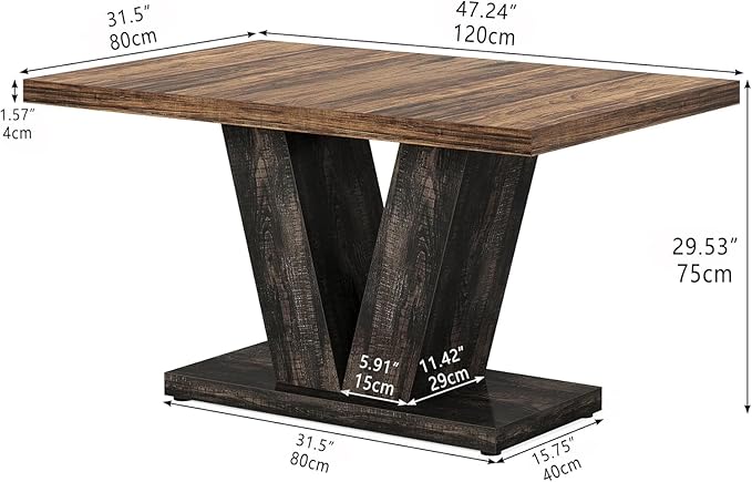 Oigavfd 47 Inch Dining Table, Rectangular Kitchen Table for 4 with Heavy Duty Pedestal Base, Modern Farmhouse Wood Dining Table for Dining Room, Kitchen, and Small Space (Black and Brown)