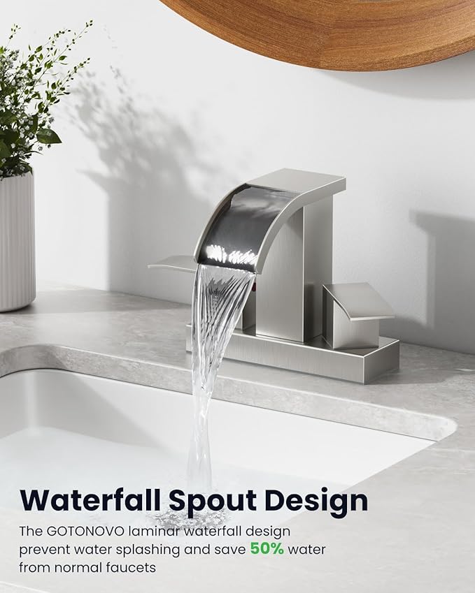 gotonovo Waterfall 4 Inch Centerset Bathroom Sink Faucet 2 Handle Basin Faucets 2 or 3 Hole Deck Mount with Pop Up Drain Included Lavatory Modern Mixer Tap Vanity Faucet Brushed Nickel