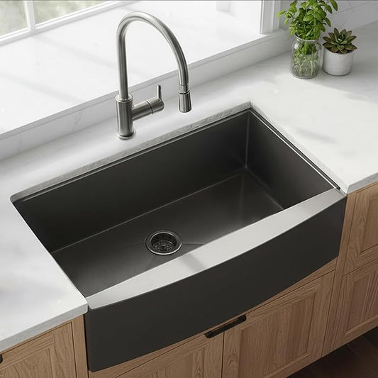 KINGO HOME Black Farmhouse Sink 33 Inch,16 Gauge Undermount Single Bowl 304 Stainless Steel Farmhouse Kitchen Sink, 9 Inch Deep Apron Front Gunmetal Black Farm Sink with drain