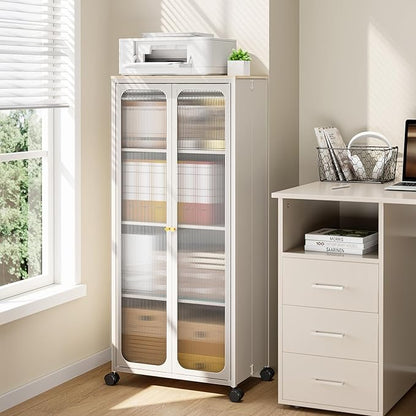 Metal Storage Cabinet Organizer,Kitchen Storage Cabinets With Doors and Shelves,Small Tall Narrow Cabinet with Acrylic Doors & Wheels, Slim Office Cabinets Shelf,NO SCREW NO TOOL ASSEMBLY,White