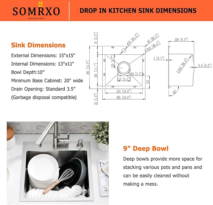 15×15 Inch Drop-In Stainless Steel Bar Sink with Faucet Combo - Top Mount Single Bowl, Small Kitchen Sink for Bar Prep, RV, and Compact Spaces