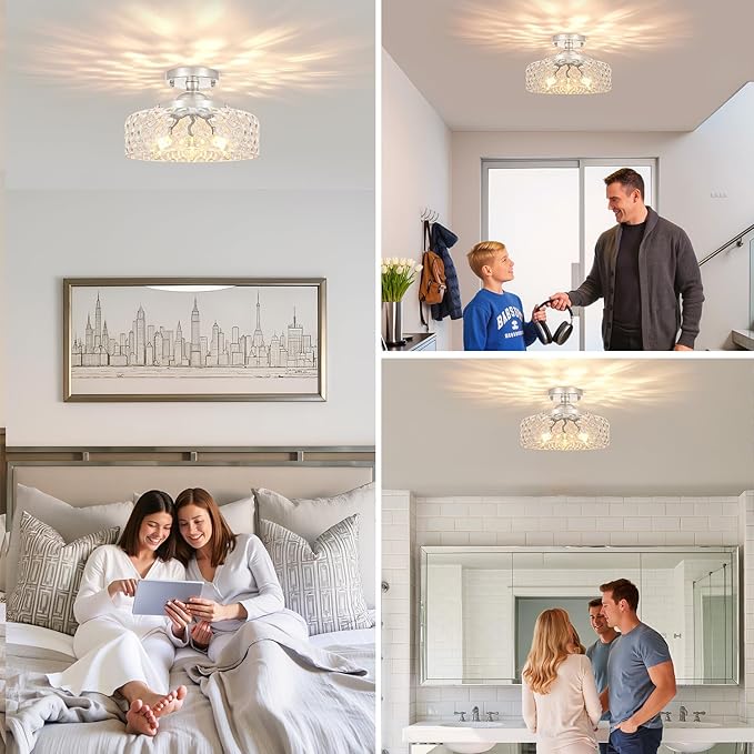 Daunton Brushed Nickel Semi Flush Mount Ceiling Light, 3-Light Ceiling Light with Hammered Glass, Vintage Hallway Light Fixtures, Kitchen Flush Ceiling Mount for Entryway Bedroom Bathroom,E12