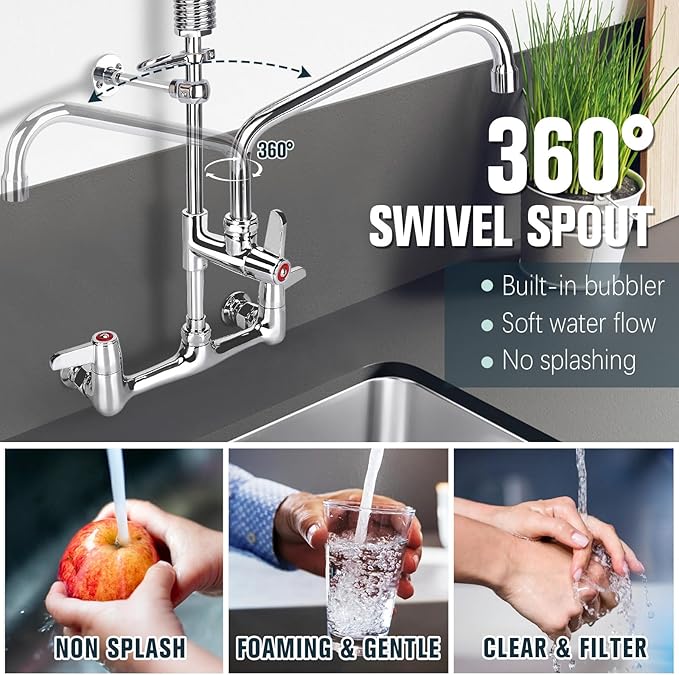 Commercial Faucet with Sprayer, 43 Inch Height Commercial Sink Faucet Wall Mount with 8" Adjustable Center and 12" Add-on Swing Spout & Pull Down Pre Rinse Sprayer