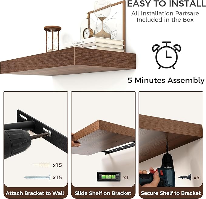 Venusmiles Floating Shelves for Wall, 24 Inch Wide x 12 Inch Deep Floating Shelves, Long Wood Floating Wall Shelf Shelves for Living Room Bathroom Bedroom Kitchen Home - (Walnut, 24" W x 12" D x 2" H)