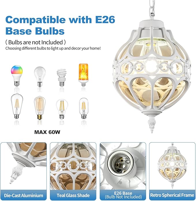 Globe Outdoor Pendant Lights, White Aluminum Waterproof Hanging Light Fixture for Porch Entryway Hallway, Vintage Round Exterior Chandelier, Outside Pendant Lamp with Amber Glass, 2 Pack