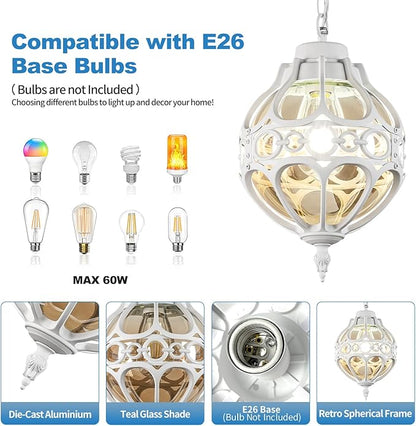 Globe Outdoor Pendant Lights, White Aluminum Waterproof Hanging Light Fixture for Porch Entryway Hallway, Vintage Round Exterior Chandelier, Outside Pendant Lamp with Amber Glass, 2 Pack