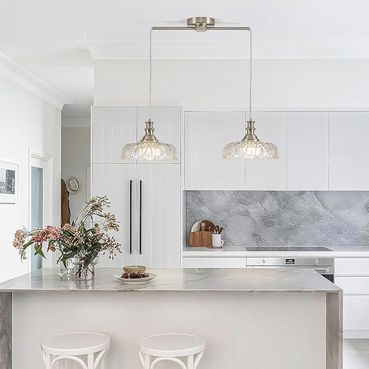 HDDFL Vintage Pendant Lighting Fixtures Modern Glass Hanging Lamp with Adjustable Cord for Kitchen Island Dining Room Hallway 2 Light Brushed Nickel and Clear