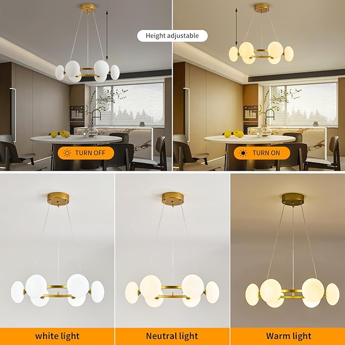 Modern Gold Chandelier, Mid Century Wagon Wheel Chandelier, 6-Light Globe Dining Room Light Fixture with Milk Glass Shades