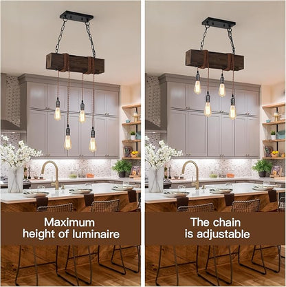 KEESFU 4-Lights Farmhouse Pendant Lights Kitchen Island, Rustic Wooden Ceiling Hanging Light, Height Adjustable, Dining Room Chandelier for Kitchen Island Dining Room Bar Pool Table Cabin.