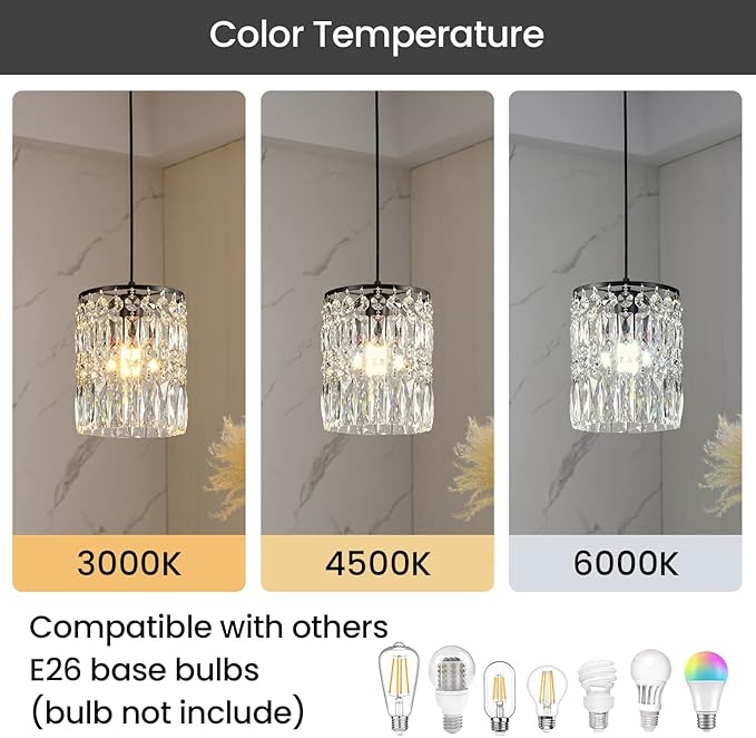1-Light Crystal Pendant Lighting Modern Black Chandelier for Bedroom Adjustable Kitchen Island Lighting Unique Ceiling Lights Fixtures for Living Room Entrance Hallway