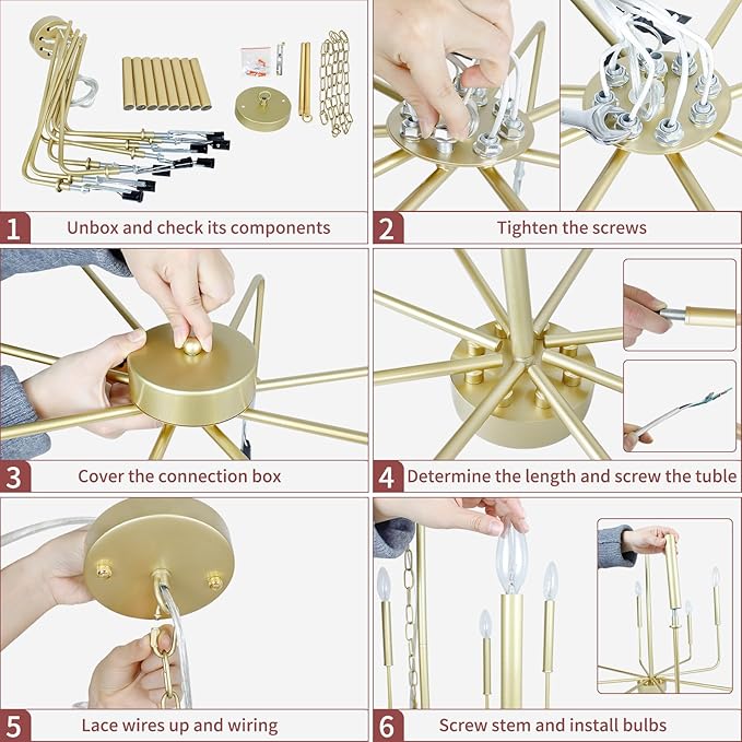Gold Chandeliers, 8-Light Modern Dining Room Light Fixtures, Rustic Candle Hanging Pendant Light for Living Room Entryway Foyer Bedroom Kitchen