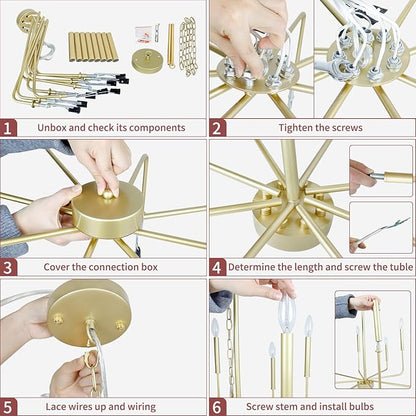 Gold Chandeliers, 8-Light Modern Dining Room Light Fixtures, Rustic Candle Hanging Pendant Light for Living Room Entryway Foyer Bedroom Kitchen