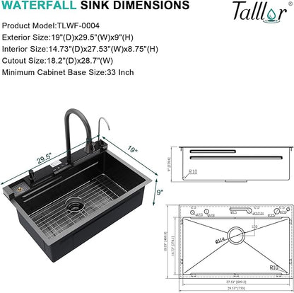 Smart Waterfall Kitchen Sink 30 Inch, Gunmetal Black Drop In 16 Gauge Stainless Steel Single Bowl Workstation Sink with Pull-Down Faucet, Cup Washer & Multi-Function Spray#TLWF-0004
