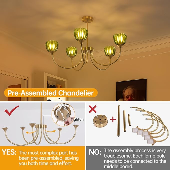 Shenmoyl 30.31" Brass Gold Chandelier, 5-Light Chandelier Light with Green Tulip Glass Lampshade, Height Adjustable Vintage Chandeliers for Dining Room Living Room Kitchen Island