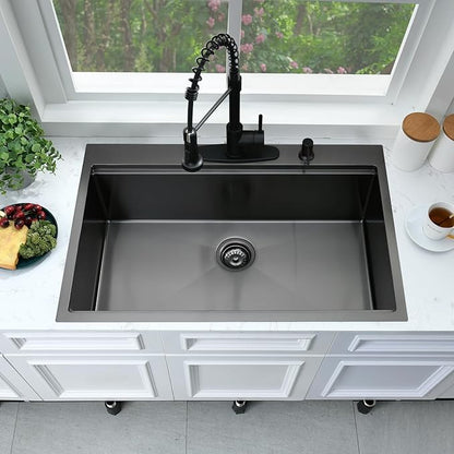 33 Black Drop In Kitchen Sink Workstation-Bokaiya 33x22 Drop In Sink Black Stainless Steel 16 Gauge 10 Inch Top Mount Workstation Sink with Cutting Board, Easy Install and Water Drain Fast
