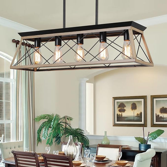 Farmhouse Chandeliers for Dining Room, Rustic Kitchen Island Light Fixture, 5-Light Linear Pendant Lighting Rectangular Chandelier, Metal Solid Ceiling Lights