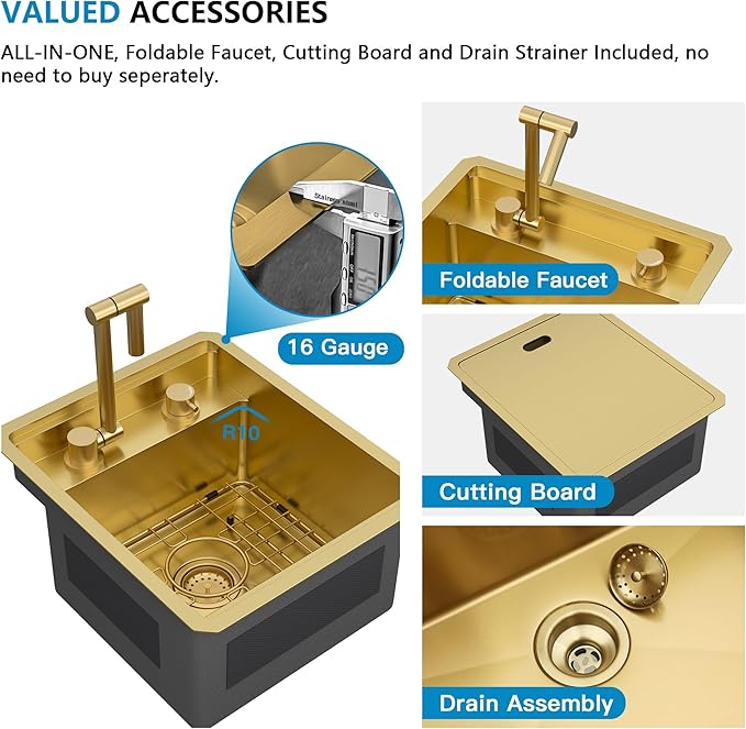15"x17" Undermount RV Kitchen Sink Workstation – Brushed Gold NANO-PVD, 16 Gauge 304 Stainless Steel, Single Bowl Basin with Foldable Faucet for RV, Camper, Mobile Home, Wet Bar