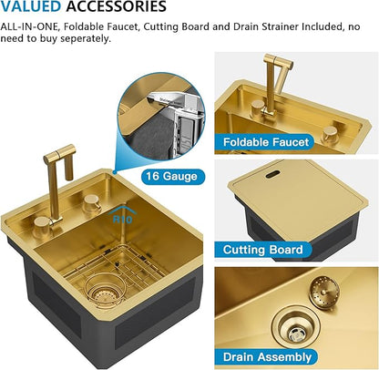 15"x17" Undermount RV Kitchen Sink Workstation – Brushed Gold NANO-PVD, 16 Gauge 304 Stainless Steel, Single Bowl Basin with Foldable Faucet for RV, Camper, Mobile Home, Wet Bar