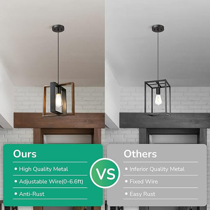 EDISHINE Farmhouse Pendant Light Fixture, Rustic Hanging Light Fixture with Wood Grain and Black Finish, Pendant Lighting for Kitchen Island, Dining Room, Hallway, Adjustable Cord