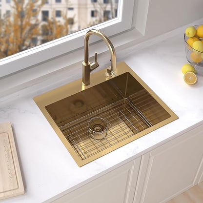 Drop In Kitchen Sink 27 Inch Gold Top Mount Sink 16 Gauge Stainless Steel 2-Hole Deep Single Bowl Kitchen Sinks 27"X22"X10"