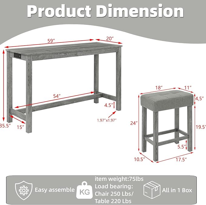 59 inch Bar Table and Chairs Set with with Power Outlet, Industrial Hight Counter Height Bar Table with 3 Upholstered Stools,4 Pieces Space-Save Breakfast Table Set for Kitchen Dining Room Cafe(Grey)