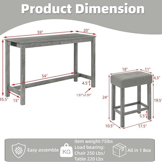 59 inch Bar Table and Chairs Set with with Power Outlet, Industrial Hight Counter Height Bar Table with 3 Upholstered Stools,4 Pieces Space-Save Breakfast Table Set for Kitchen Dining Room Cafe(Grey)