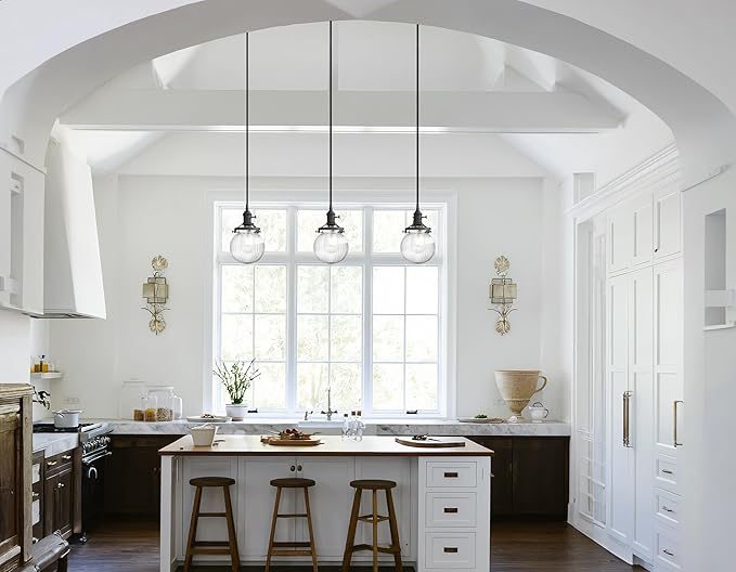 Phansthy Kitchen Island Lighting, 3 Lights Linear Chandeliers, Hanging Light with 5.9" Globe Striped Glass Shade, 3-Light Pendant Light Fixtures for Dining Room Farmhouse (Black, Long Base)