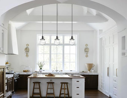 Phansthy Kitchen Island Lighting, 3 Lights Linear Chandeliers, Hanging Light with 5.9" Globe Striped Glass Shade, 3-Light Pendant Light Fixtures for Dining Room Farmhouse (Black, Long Base)