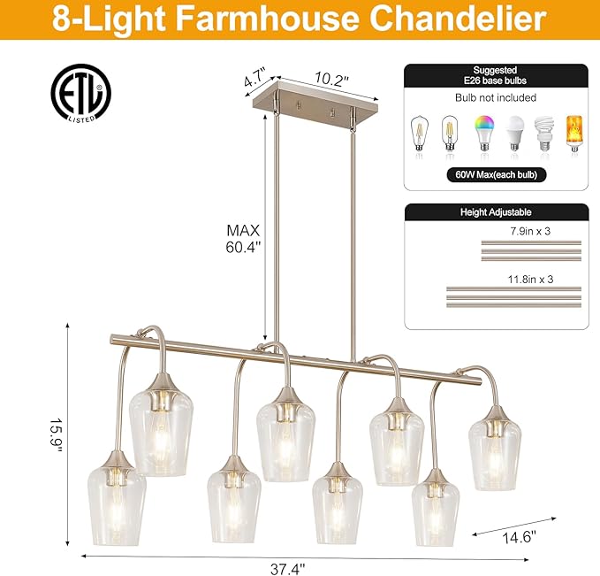 Dining Room Light Fixture/Chandelier Over Table (38inch, 8-Light), Brushed Nickel Kitchen Island Lighting with Clear Glass Shade, Modern Hanging Pendant Lights Fixture for Kitchen Island, Dining Room