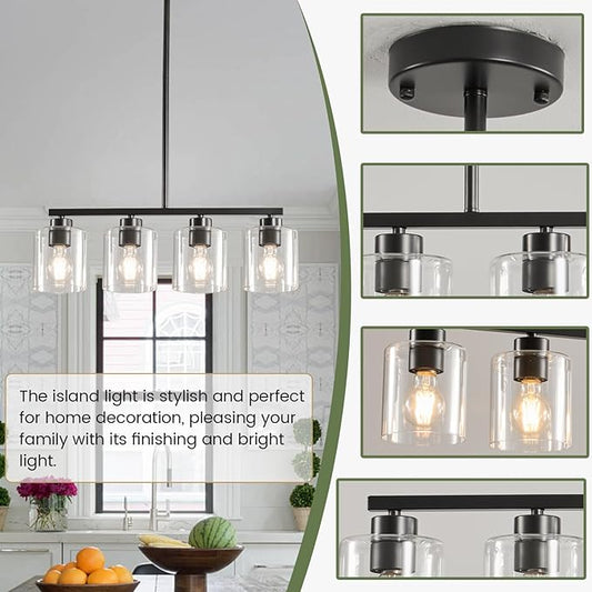 4-Light Kitchen Island Lighting, Black Pendant Light Fixture, Farmhouse Dining Room Light Fixtures Over Table, Modern Hanging Light Fixtures with Clear Glass, E26 Base, Bulbs Not Included