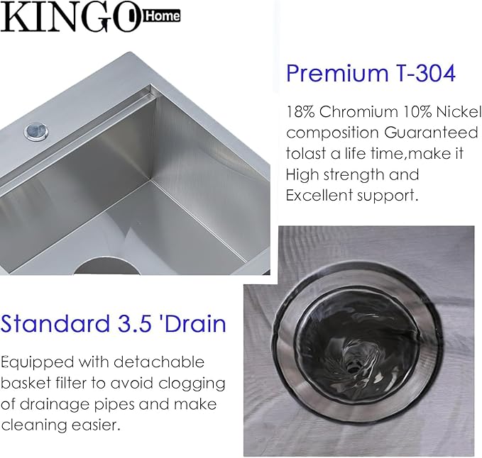 KINGO HOME 18" Drop in Workstation Bar Sink, 18" x 18" x 9" Single Bowl Small Kitchen Camper Sink,304 Stainless Steel Topmount Outdoor Wet Bar Sinks Prep Sinks