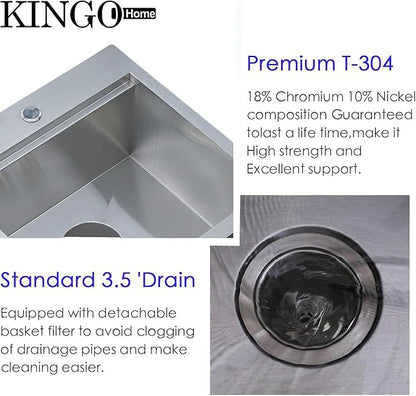 KINGO HOME 18" Drop in Workstation Bar Sink, 18" x 18" x 9" Single Bowl Small Kitchen Camper Sink,304 Stainless Steel Topmount Outdoor Wet Bar Sinks Prep Sinks